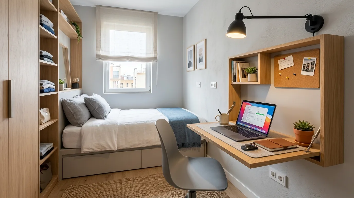 Keep bedding layered but not oversized inspiration for a small bedroom.